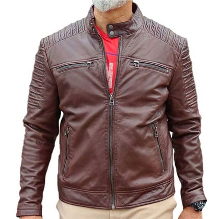 Men's Cafe Racer Moto Brown Leather Jacket