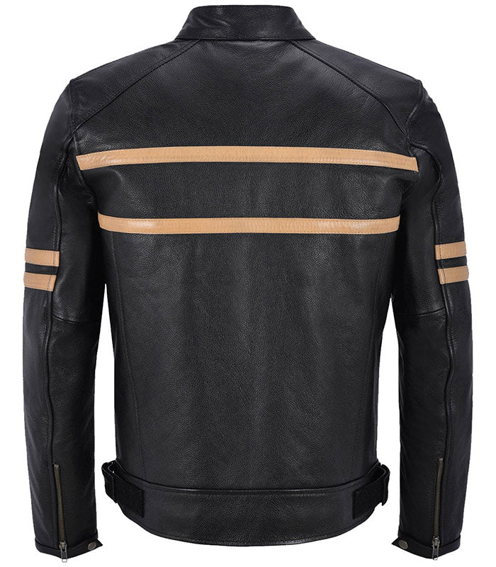 Men's Black Motorcycle Leather Striped Jacket