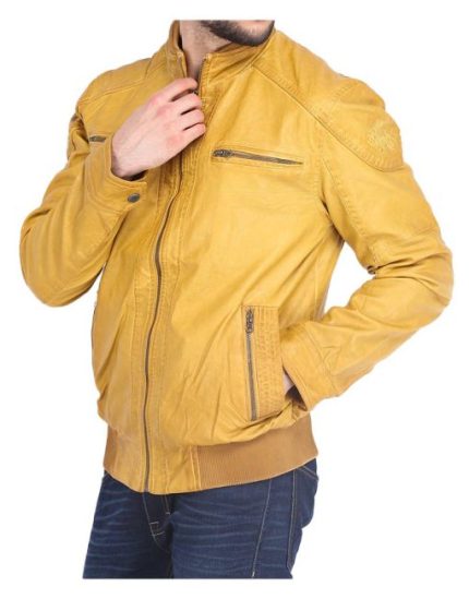 Men's Bomber Quilted Yellow Leather Jacket