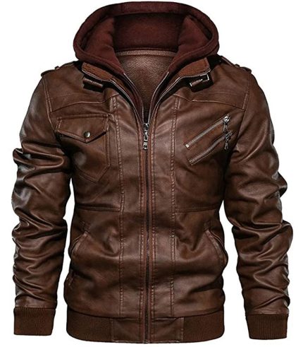Men's Brown Biker Hooded Leather Jacket