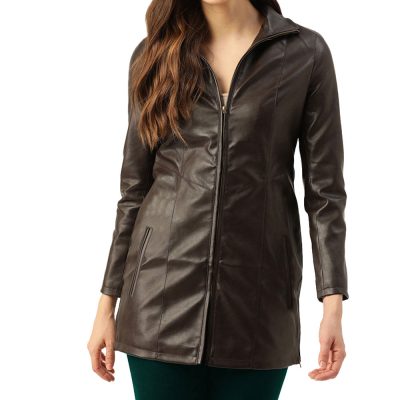 Sleek Stylish Brown Leather Coat for Women