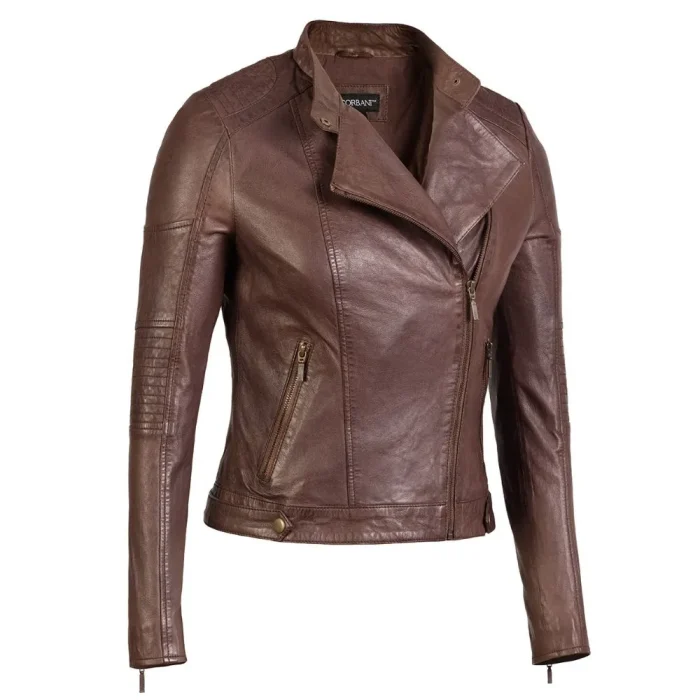 Women’s Asymmetrical Dark Brown Leather Jacket-Open Front View