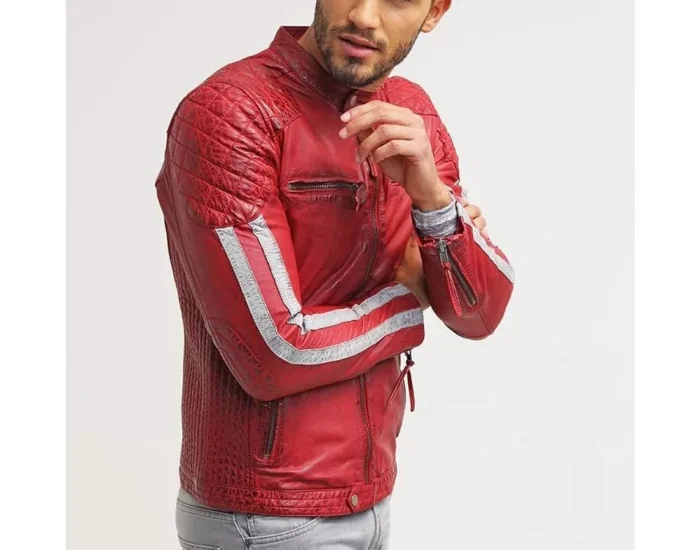 Red Striped Quilted Leather Motorcycle Jacket