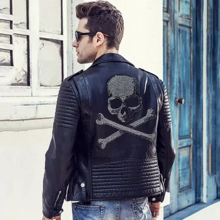 Skull Embroidered Black Motorcycle Leather Jacket