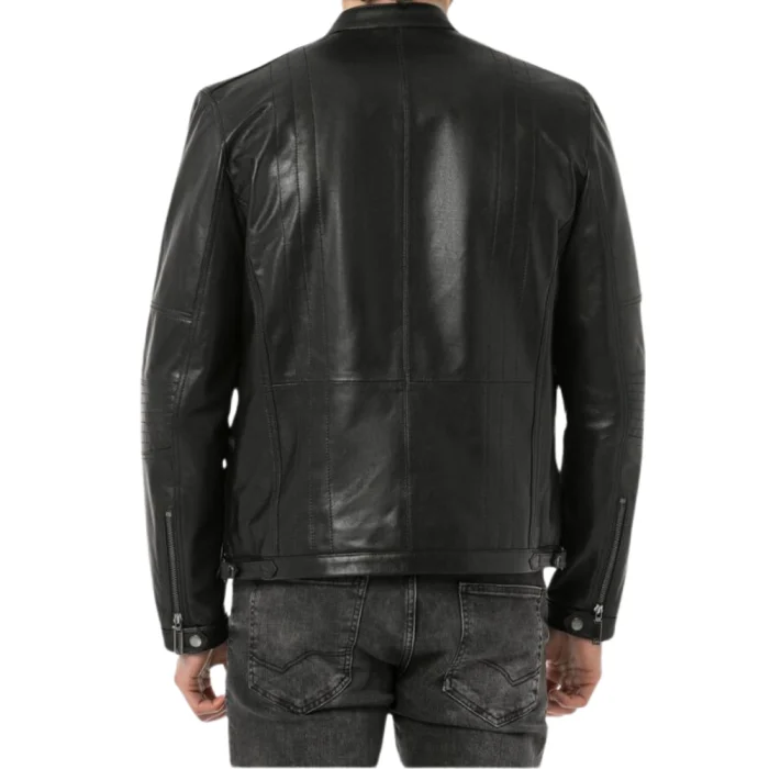 Mens Black Biker Leather Jacket With SnapTab Collar