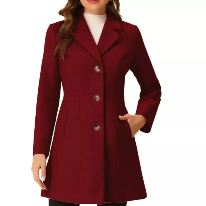 Women's Single Breasted Red Wool Coat-Close Front Look